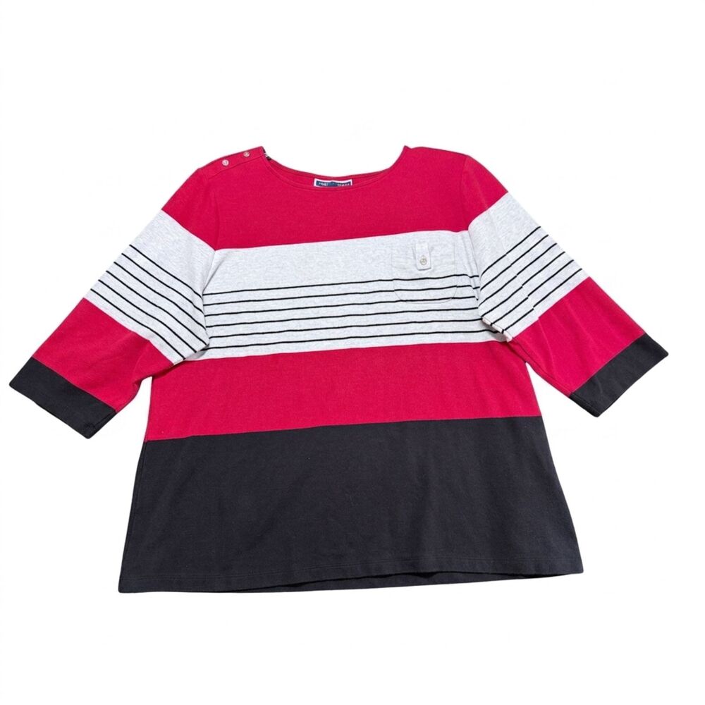 Karen Scott Sport 3X Striped Colorblock 3/4 Sleeve Top Red Black White